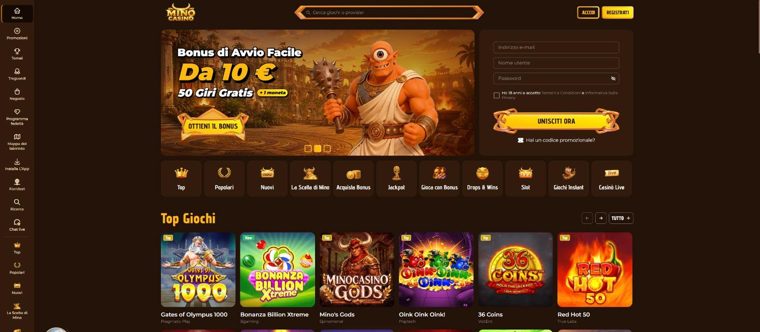 Homepage di Mino Casino con l'offerta di benvenuto