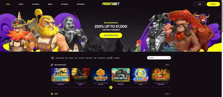 Homepage di ProntoBet con casinò e scommesse
